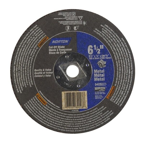 Norton Co CIRCULAR SAW BLADES, Type 1 -Reinforced - Metal - Aluminum Oxide, 6-1/2 x 1/8 x DM, Max RPM: 9405 076607-89098 - main